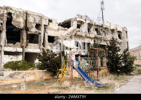 Syria, Ma'lula. Maaloula, Ruins of Safir Hotel bombed out in civil war Stock Photo