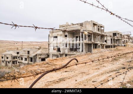 Syria, Ma'lula. Maaloula, Ruins of Safir Hotel bombed out in civil war Stock Photo