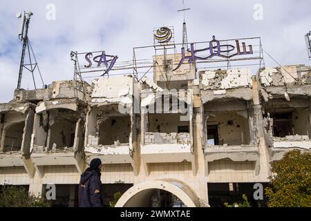 Syria, Ma'lula. Maaloula, Ruins of Safir Hotel bombed out in civil war Stock Photo