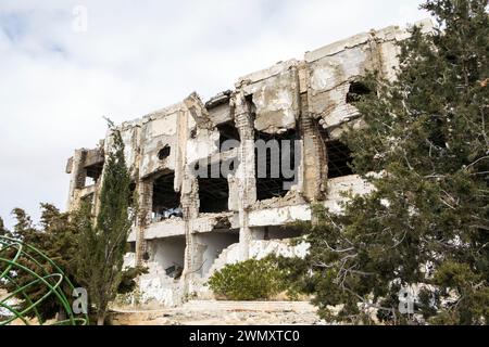 Syria, Ma'lula. Maaloula, Ruins of Safir Hotel bombed out in civil war Stock Photo