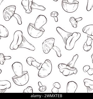Seamless pattern with edible mushrooms in line art style. Design for wrapping paper, wallpaper, textiles. Vector illustration on a white background. Stock Vector