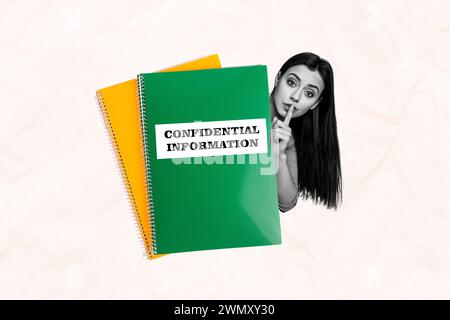 Composite image collage sketch photo artwork of serious young girl shh sign information confidential secret notebook text isolated on paper background Stock Photo