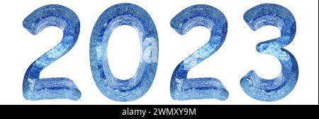 Concept conceptual 2023 year made of  blue ice font isolated on white background. An abstract 3D illustration as a  metaphor for future, celebration Stock Photo