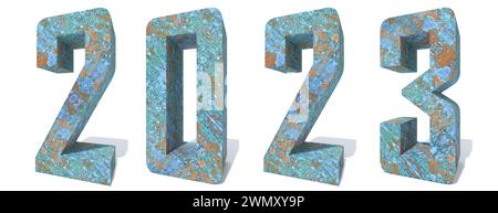 Conceptual 2023 year made of old, rusted metal isolated on white background. An abstract 3D illustration as a  metaphor for future, real estate Stock Photo