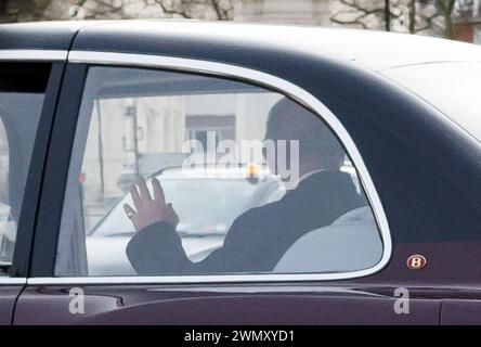 *** EXCLUSIVE *** SPECIAL RATES APPLY *** 27/02/2024. London, UK. King Charles III is seen waving to the public as he is driven to Clarence House in Westminster, central London. It has been announced that King Charles III and Prince William missed a memorial service for the late King Constantine of Greece at Windsor Castle . Photo credit: Ben Cawthra/Sipa USA **NO UK SALES** Stock Photo