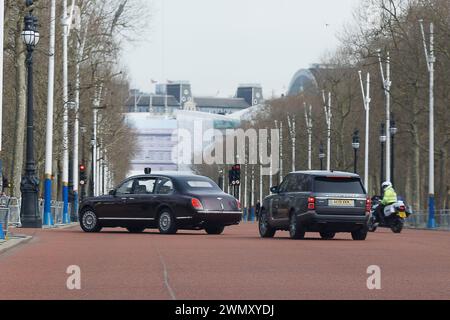 *** EXCLUSIVE *** SPECIAL RATES APPLY *** 27/02/2024. London, UK. King Charles III is seen being driven to Clarence House in Westminster, central London. It has been announced that King Charles III and Prince William missed a memorial service for the late King Constantine of Greece at Windsor Castle . Photo credit: Ben Cawthra/Sipa USA **NO UK SALES** Stock Photo