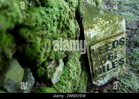 Mile post for 36 1/4 miles to Leeds on the Leeds-Liverpool canal near Bank Newton, Gargrave, North Yorkshire. Stock Photo