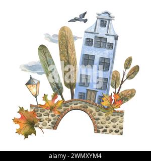 Ancient European houses are colorful, with autumn trees and leaves, stone bridges and lanterns. Hand drawn watercolor illustration. The composition is Stock Photo