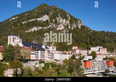 France, Jura, Saint Claude, the Louis Jaillon Hospital Center and the Saint Pierre Cathedral from the Great Bridge Stock Photo