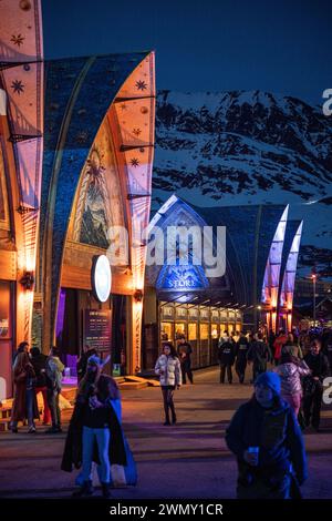 France, Isere, Huez, Alpe d'Huez ski resort, Oisans valley, Grandes Rousse mountain range, Tomorrowland winter, techno music festival Stock Photo