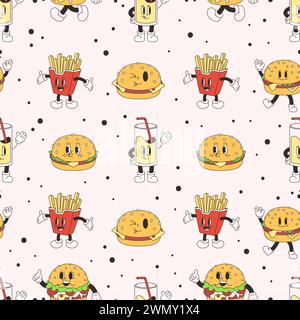 Retro fast food seamless pattern. Groovy burgers and funny drinks. Delivery cafe bar restaurant delivery, fabric snugly vector print template Stock Vector