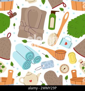 Sauna seamless pattern. Finnish bathhouse tools, cartoon spa wellness equipment. Cozy elements fabric print design, decent vector background Stock Vector