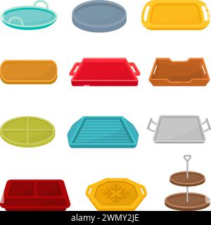 Cartoon trays. Isolated empty meal tray, equipment for canteen, cafeteria or restaurant. Wooden, plastic and metal kitchen neoteric vector elements Stock Vector