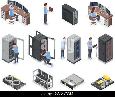 Isometric engineers characters. Data center workers and network administrators. Cloud servers equipment, computers and tools, flawless vector set Stock Vector