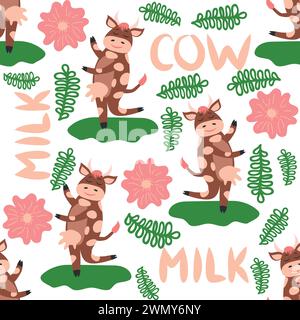 Dancing cow in the meadow cute seamless pattern, splashes of milk and the inscription Milk, Cow, Love. Flat style for textile, packaging design Stock Vector