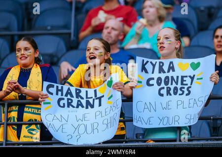 Melbourne, Victoria, Australia. 28th Feb, 2024. MELBOURNE, AUSTRALIA - FEBRUARY 28: Fan atmosphere during the AFC Women's Olympic Football Tournament Paris 2024 Asian Qualifier Round 3 match between Australia Matildas and Uzbekistan at Marvel Stadium on February 28, 2024 in Melbourne, Australia. (Credit Image: © Chris Putnam/ZUMA Press Wire) EDITORIAL USAGE ONLY! Not for Commercial USAGE! Stock Photo