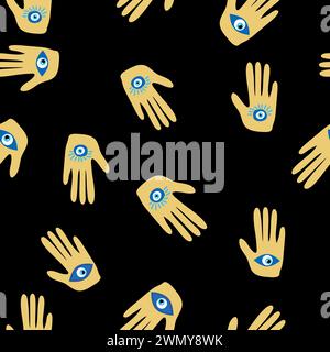 Hamsa eye, magical eye seamless pattern. Magic, witchcraft, occult symbol. Blue white golden eyes. Fabric textile wallpaper Stock Vector