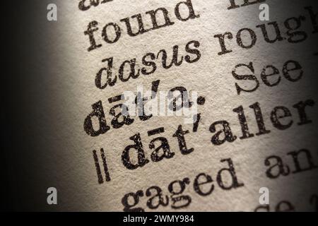 Word data printed on dictionary page, macro close-up Stock Photo