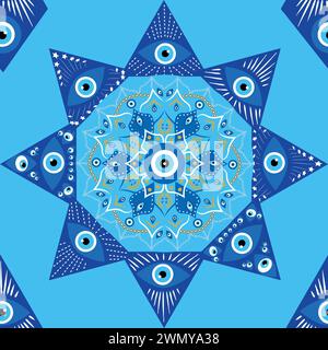 Evil eye mandala seamless pattern. Symbol of protection, Turkish souvenir. Stock Vector