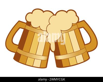 Two wooden beer mugs toasting, with beer foam Stock Vector