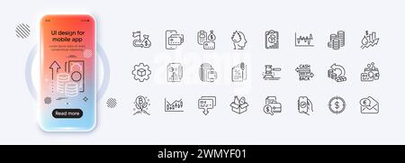 Financial goal, Inspect and Cash back line icons for web app. Pictogram icon. Phone mockup gradient screen. Vector Stock Vector