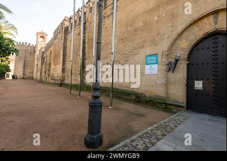 The rear of the Alcazar de los Reyes Cristianos, also known as the Alcazar of Cordoba, is a medieval palace/ fortress in the historic centre of Stock Photo