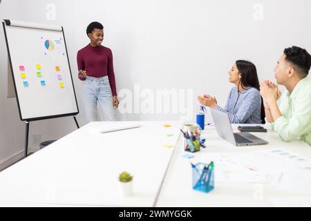 Businesswoman leads a team meeting with colorful sticky notes and charts. Stock Photo