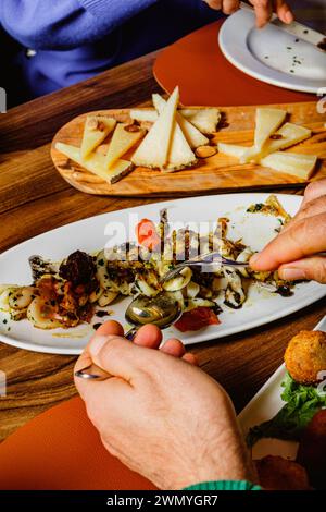 A person serving gourmet pasta from a shared plate, with a cheese platter in the background, in a warm, intimate dining setting Stock Photo