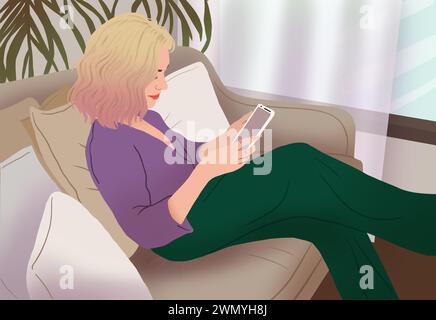 Illustration of a woman sits comfortably on a couch, engrossed in her smartphone. Stock Photo