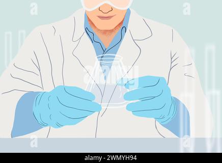 An illustration of a focused scientist analyzing the content of a flask carefully in a lab setting. Stock Photo