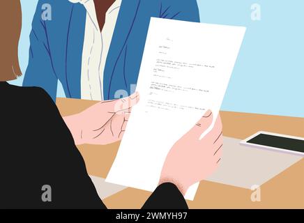Two professionals in a meeting, shaking hands over a document to signify a deal or agreement, with a focus on teamwork and partnership dynamics in a c Stock Photo