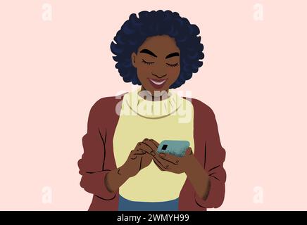 A cheerful woman enjoys using her smartphone, with a focus on modern communication. Stock Photo