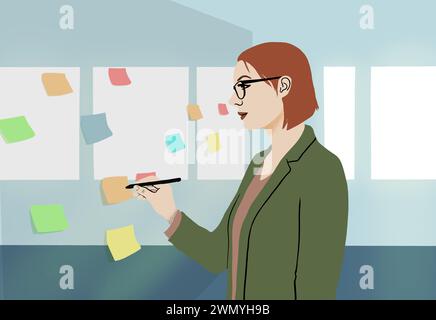 An illustrated woman in business attire reviews colorful sticky notes on a wall, symbolizing organization and planning in a modern office setting. Stock Photo