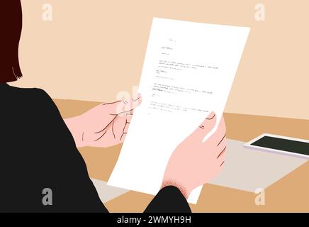 An illustrated female professional reviews a letter or report, with a smartphone and tablet on her desk. Stock Photo