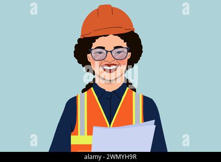 A cheerful female engineer in a hard hat and reflective vest holds plans at a construction site, promoting diversity in the industry. Stock Photo