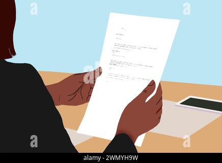 An illustration of a professional individual attentively reading a paper document while seated at a desk with a smartphone and tablet nearby. Stock Photo