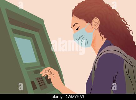 A digital illustration of a young woman with curly hair wearing a face mask while typing on an ATM keypad, depicting a new normal scenario. Stock Photo