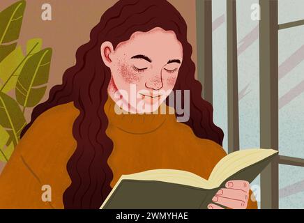 An illustration showcasing a young woman enjoying a book in a serene setting by a window, surrounded by warm colors and natural elements. Stock Photo