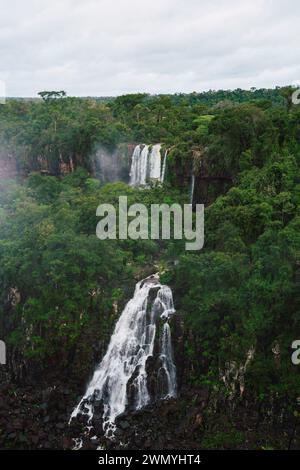 An awe-inspiring view of the Iguazu Waterfalls in Southern Brazil, framed by vibrant, dense jungle under an overcast sky. Stock Photo