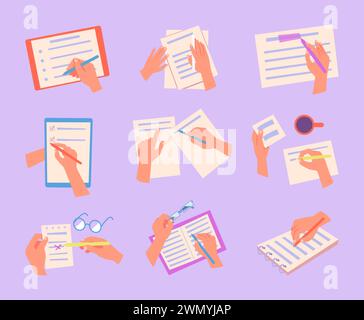 Hands with notes. People managers writing notes on different papers planners and notepads exact vector concept illustrations Stock Vector