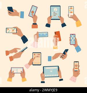 Phones in hands. People holding different gadgets tablet mobile devices smartphones recent vector illustrations in flat style Stock Vector