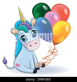 Blue unicorn pony sitting. Cute baby card, baby with big eyes. Stock Vector