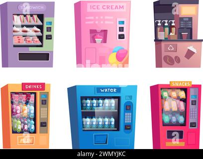 Vending machine. Fast self checkpoint markets with different beverage food and drinks exact vector cartoon set Stock Vector