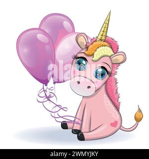 Pink unicorn pony sitting. Cute baby card, baby with big eyes. Stock Vector