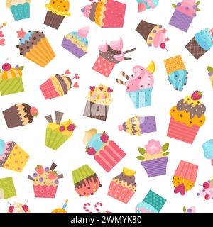 Cupcakes pattern bakery products vector seamless background Stock Vector