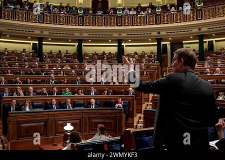 Madrid Spain; 02/28/2024.- Plenary Session of the Congress of Deputies of Kingdom of Spain, marked by the corruption case called 'Koldo'. Pedro Sánchez, president of the Spanish government, and Alberto Núñez Feijóo, leader of the Popular Party (a party that was convicted of corruption) get into a discussion about corruption. Photo: Juan Carlos Rojas Stock Photo