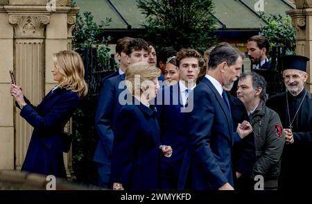 Queen Anne Marie of Greece, Crown Prince Pavlos of Greece Prince Constantine-Alexios, Prince Achileas-Andreas of Greece Princess Tatiana of Greece leaves at the St. Sophias Greek Orthodox Cathedral in London, on February 28, 2024, after attended the thanksgiving service for the life of King Constantine of Greece Photo: Albert Nieboer/Netherlands OUT/Point de Vue OUT Stock Photo