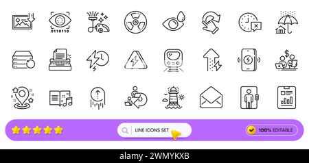Vacuum cleaner, Music book and Energy growing line icons for web app. Pictogram icon. Line icons. Vector Stock Vector