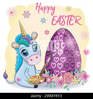 Easter unicorn cartoon character with easter egg, postcard Stock Vector