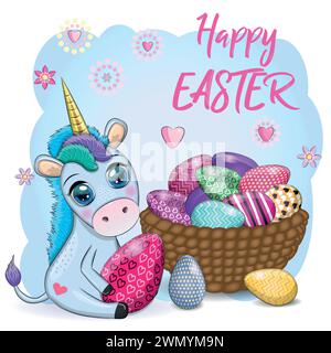 Easter unicorn cartoon character with easter egg, postcard Stock Vector